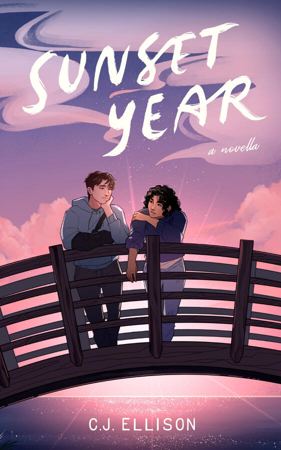 The cover for Sunset Year by C.J. Ellison, featuring two people standing on a bridge over a river, backed by a purple sunset.