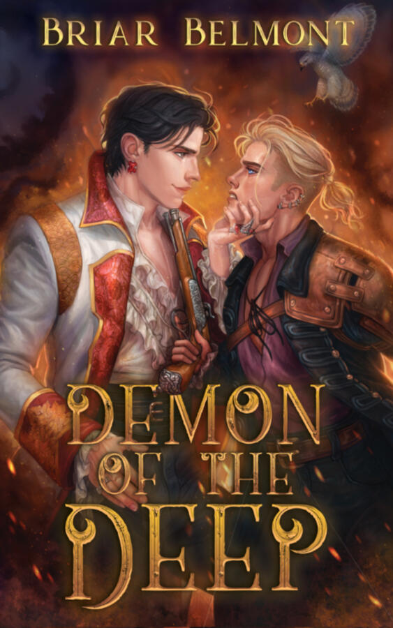Demon of the Deep by Briar Belmont The cover for Demon of the Deep by Briar Belmont. The cover features two men in pirate attire, one holding the other's chin, backed by glimpses of fire.