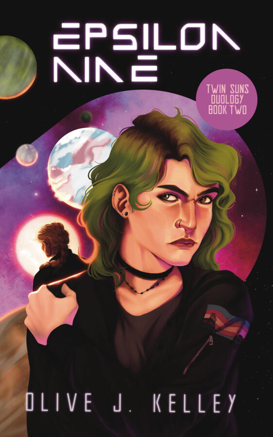 Epsilon Nine by Olive J. Kelley The cover for Epsilon Nine by Olive J. Kelley. The cover features a woman with green hair facing front, backed by multiple planets and snapshots of outer space.