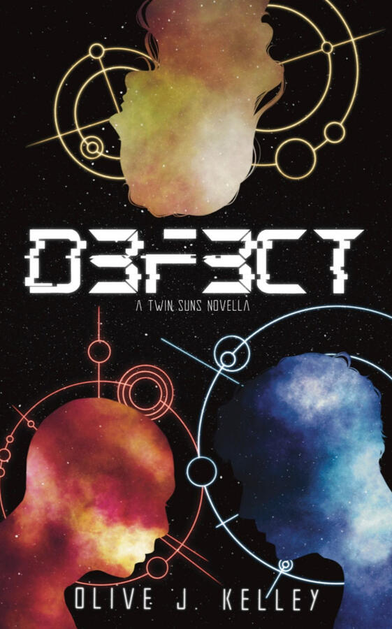 D3F3CT by Olive J. Kelley Defect by Olive J. Kelley, stylized as D3F3CT. The cover features the silhouette of three heads, in red, yellow, and blue, over a black outer space background.